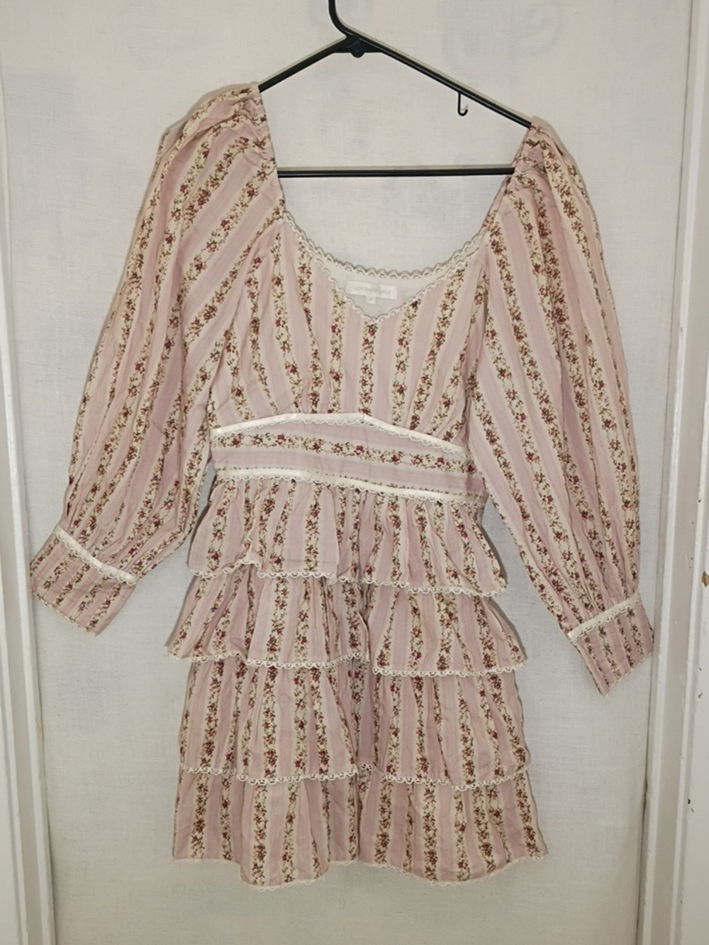 LoveShackFancy Pale Pink Floral Tiered Mini Dress